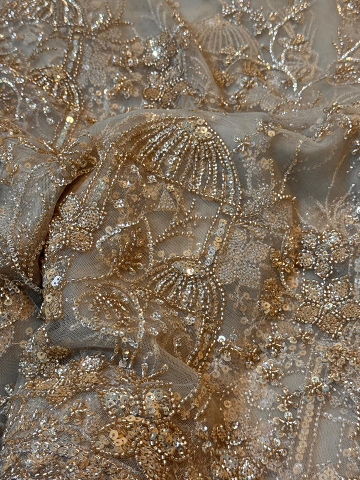 Premium Gold Designer Net Saree with Heavy Sequins & Bead Embroidery | Stitched Blouse Included