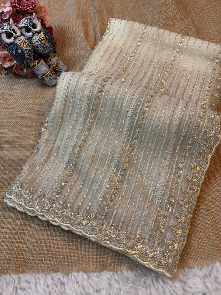 Premium Designer Net Saree with Sequin Stripes & Scalloped Embroidered Border