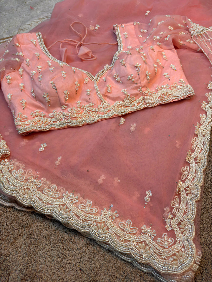 Premium Soft Net Saree with Heavy Pearl Handwork & Stitched Designer Blouse