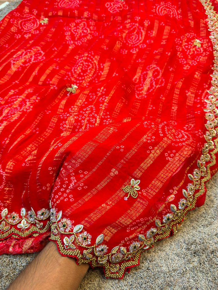 Bandhani Print Saree with Zari Stripes & Handcrafted Border