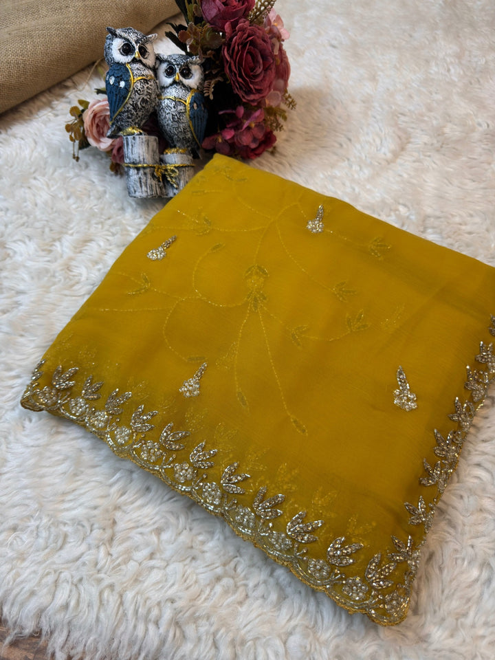 Premium Waree Chiffon Saree with Floral Handwork & Designer Border