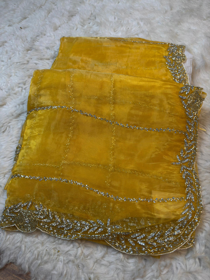 Designer Glass Tissue Saree with Silver Handwork Border