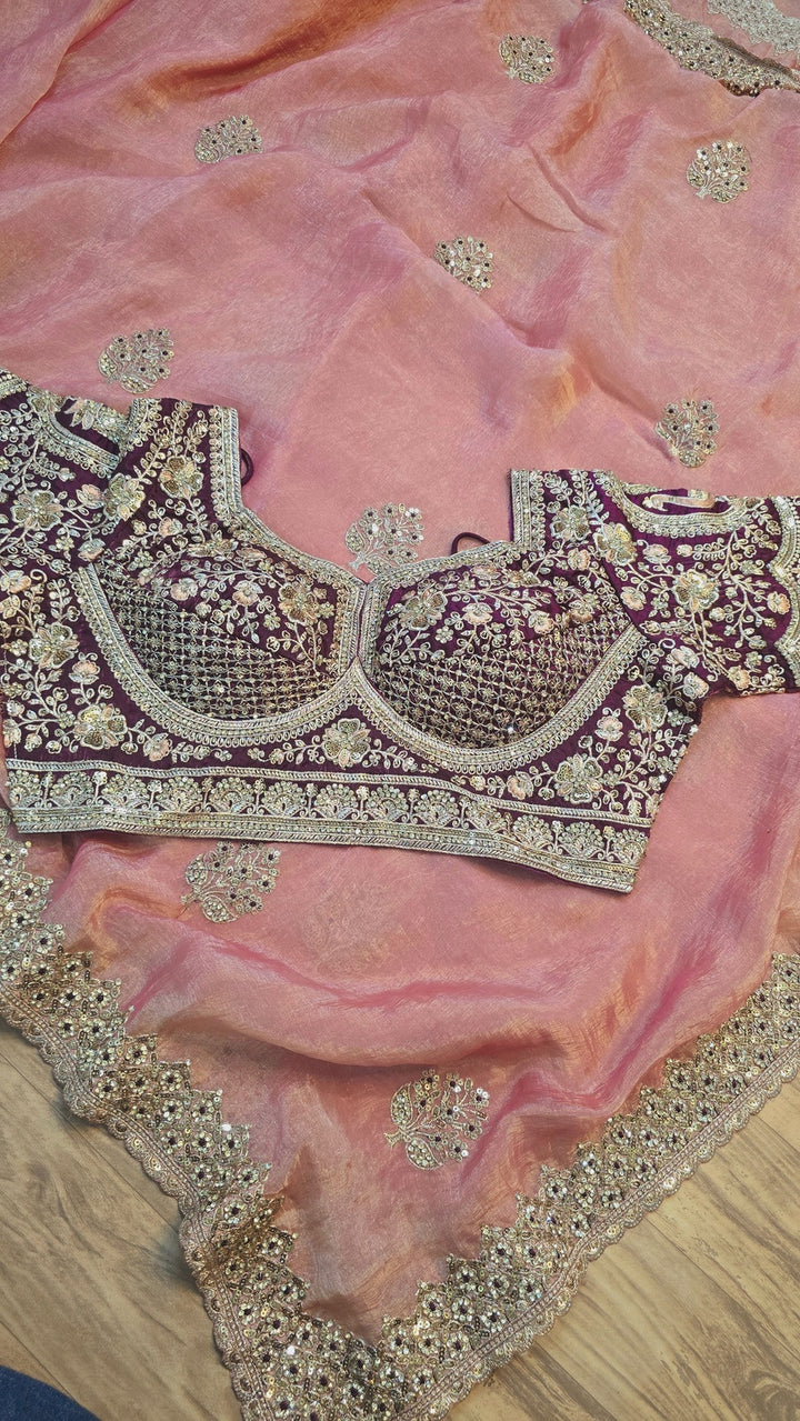 Premium Cosmo Silk Saree with Heavy Hand-Embroidered Border & Designer Stitched Blouse