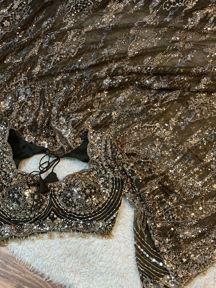 Antique Gold Sequin Embroidered Designer Saree with Heavy Border