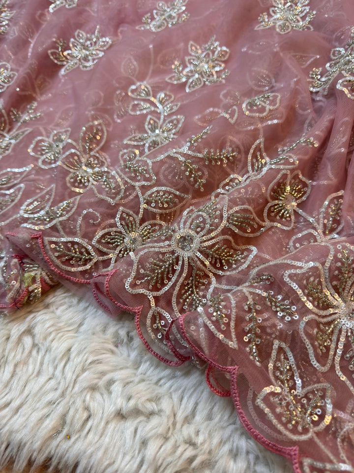 Designer Net Saree with Heavy Floral Sequin Embroidery & Scalloped Border