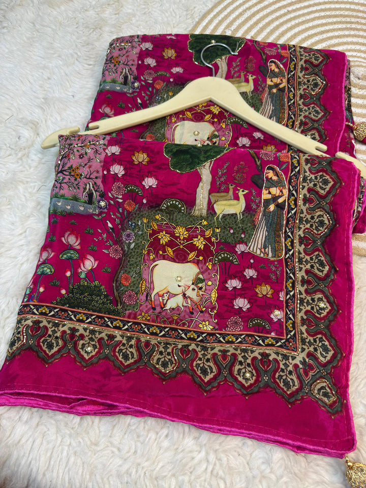 Heritage Scenic Print Crepe Chinon Saree