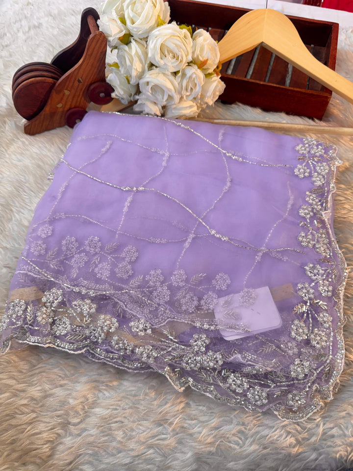 Crystal Tissue Saree with Pearl & Cutdana Handwork – Lightweight & Luxe Finish