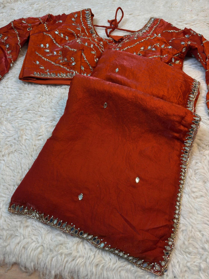 Premium Fendy Silk Saree with Heavy Mirror Work Stitched Blouse