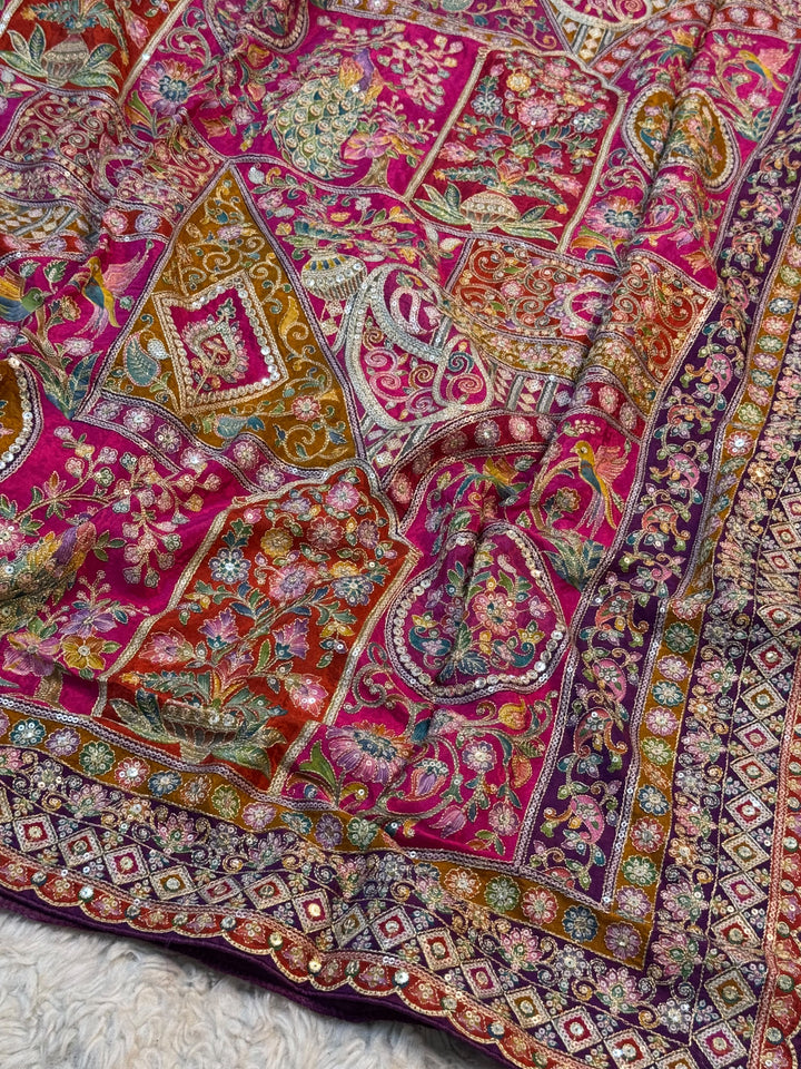 Multicolour Chinon Saree with Intricate Aari-Tari Work