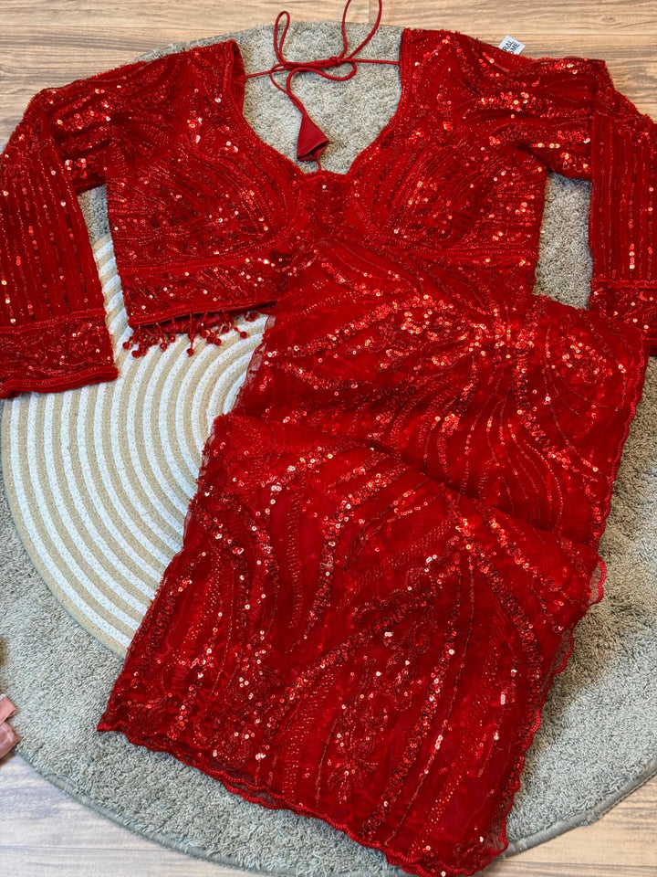 heavy Sequin Embroidered Net Saree with Stitched Blouse