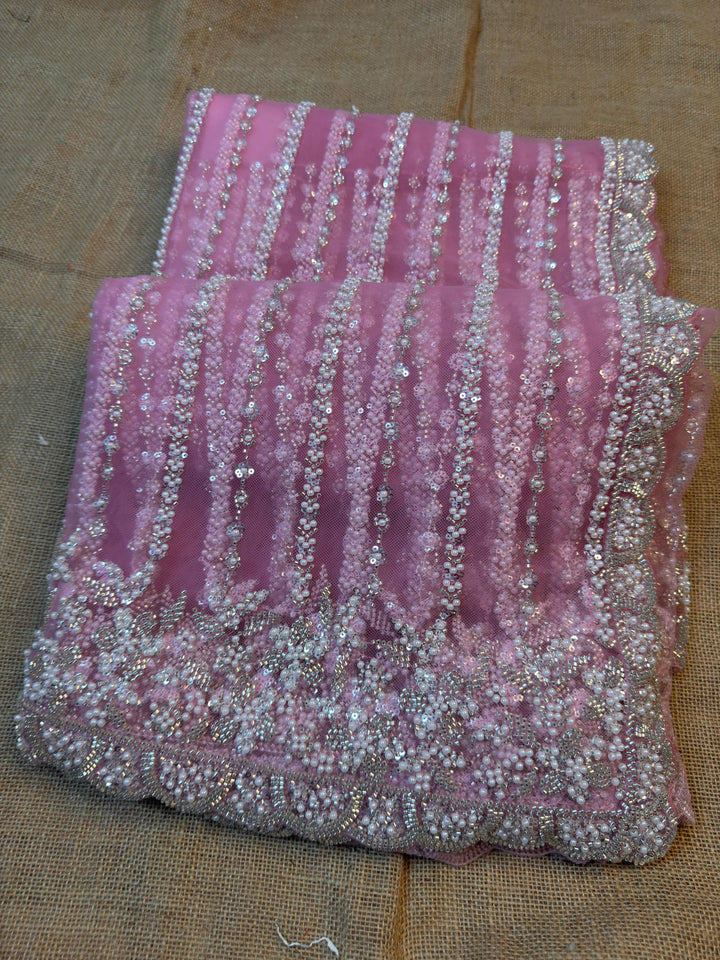 Premium Net Saree with Heavy Pearl Lines & Scalloped Embroidered Border