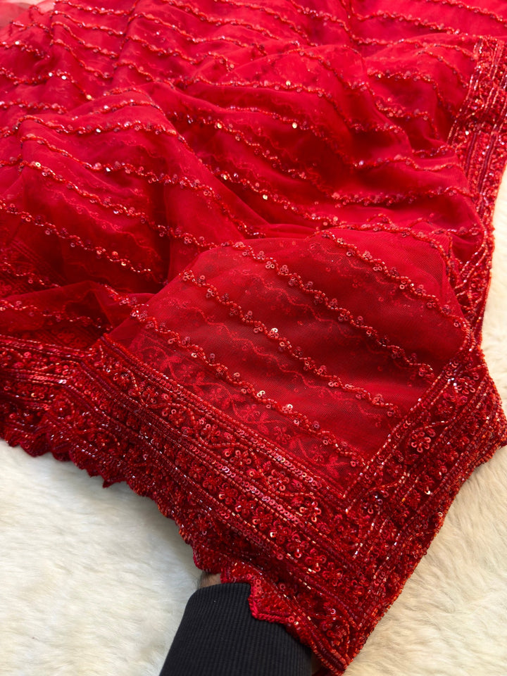 Red Net Saree with Heavy Sequin Embroidery & Ready-to-Wear Blouse