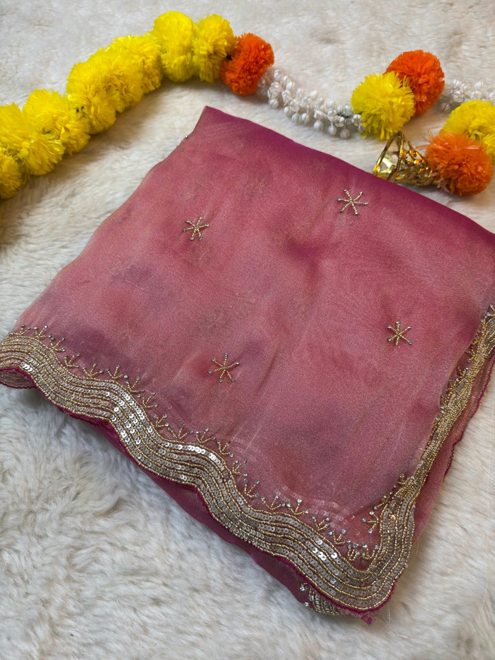 Premium Zari Silk Saree with Sequin Border & Hand Embellished Buttis