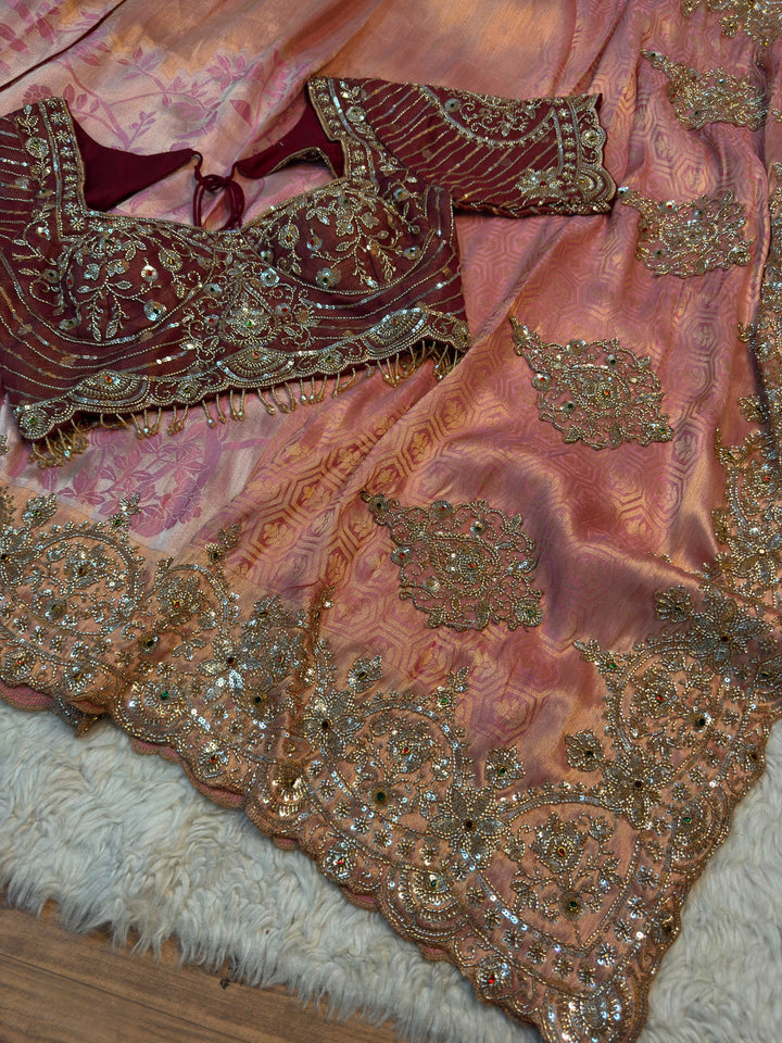 Silk Embroidered Designer Saree with Heavy Handwork Contrast Stitched Blouse