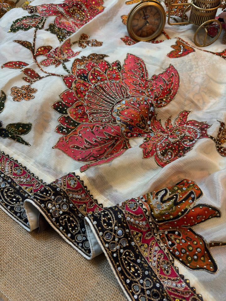 Ivory Floral & Butterfly Embroidered Crepe Chinon Saree with Heavy Designer Border