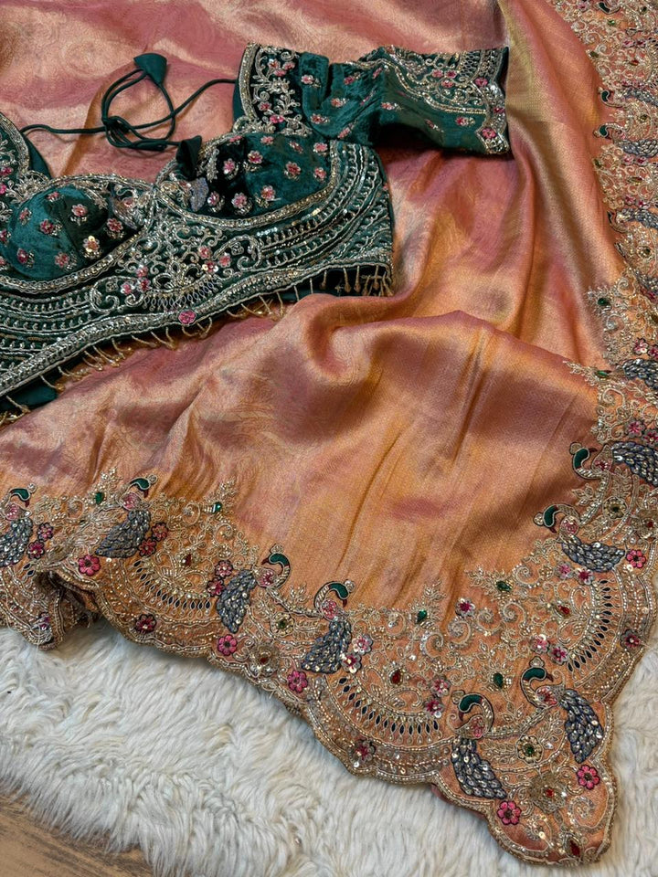 Maharani Peacock border Silk Saree with stitched blouse