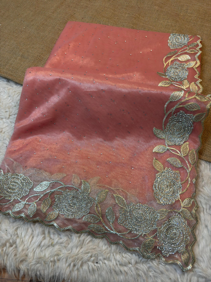 Elegant Twill Net Saree with Heavy Rose Embroidery Border
