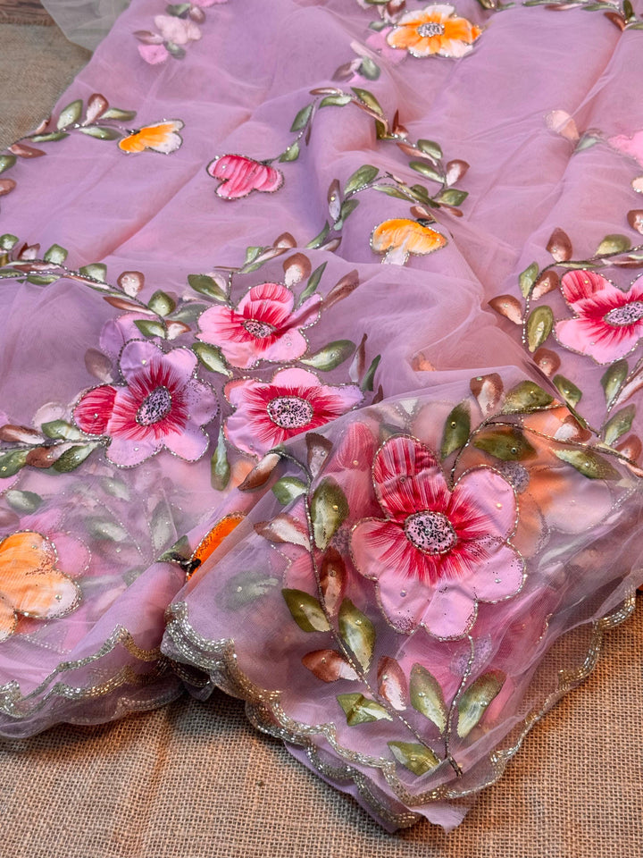 Floral Brush Print Net Saree with Hand Embellished Border