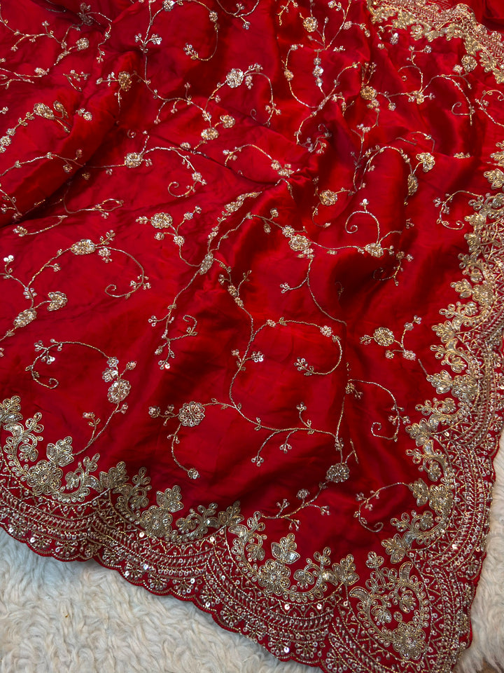 Pure Satin Silk Designer Embroidered Saree with Heavy Scalloped Border