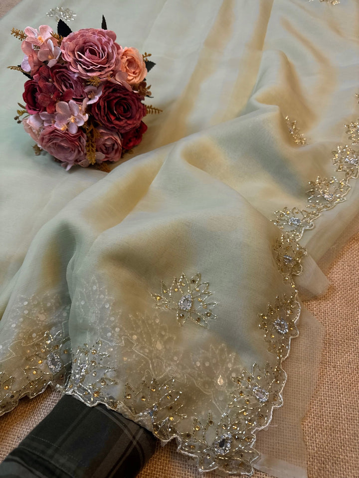 Premium Waree Chiffon Saree with Heavy Floral Cutdana Border & Butti Work