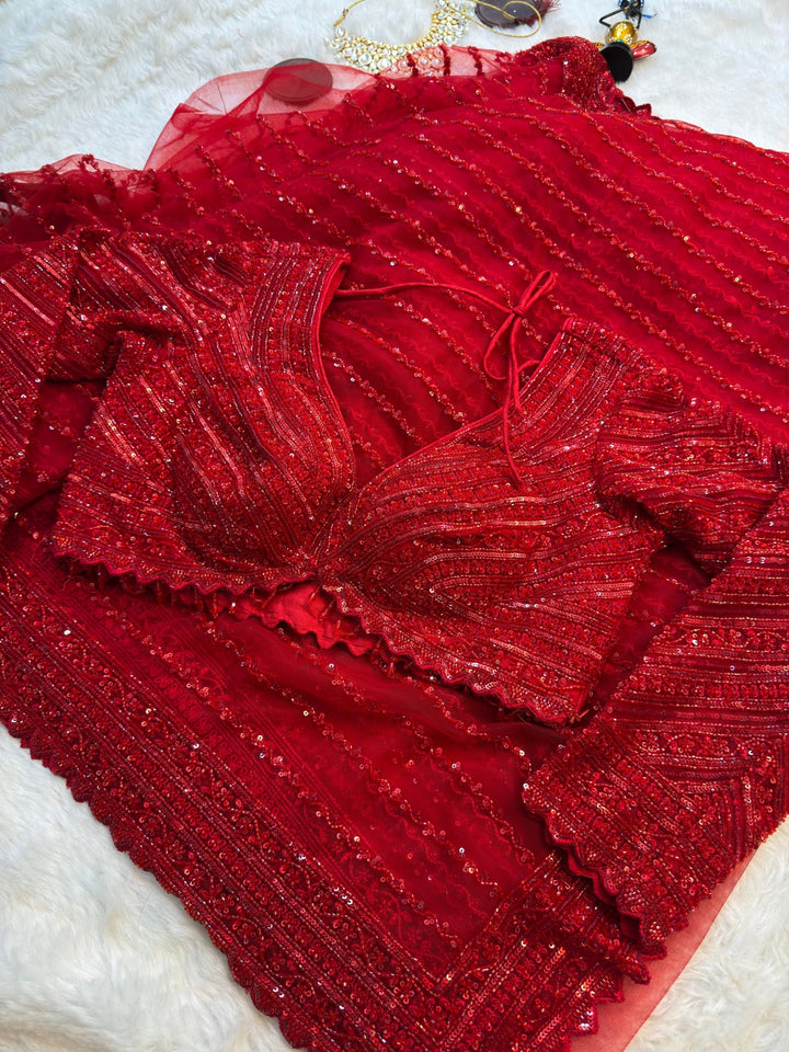 Red Net Saree with Heavy Sequin Embroidery & Ready-to-Wear Blouse