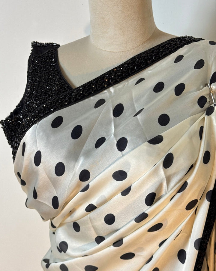 🖤 White Satin Polka Dot Saree with Heavy readymade Black Sequin Blouse