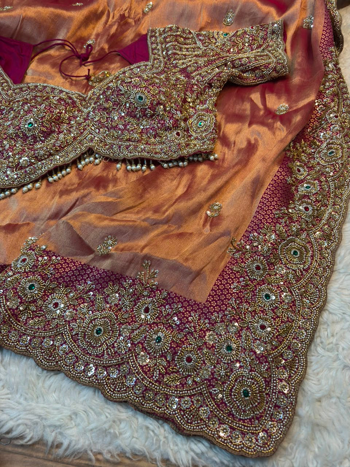 Bridal Couture Tissue Saree with Heavy Embellished Stitched Blouse