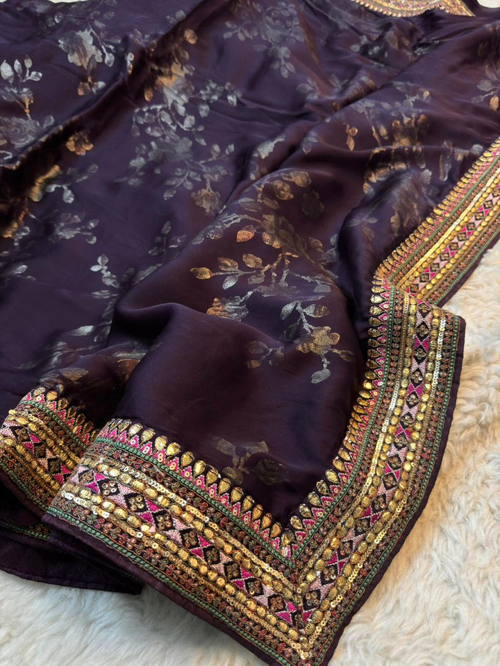 Designer Satin Silk Saree with Metallic Floral Print & Rich Border