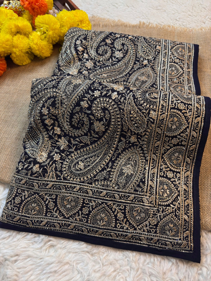 Designer Georgette Saree with Kashmiri Thread Work Paisley Embroidery