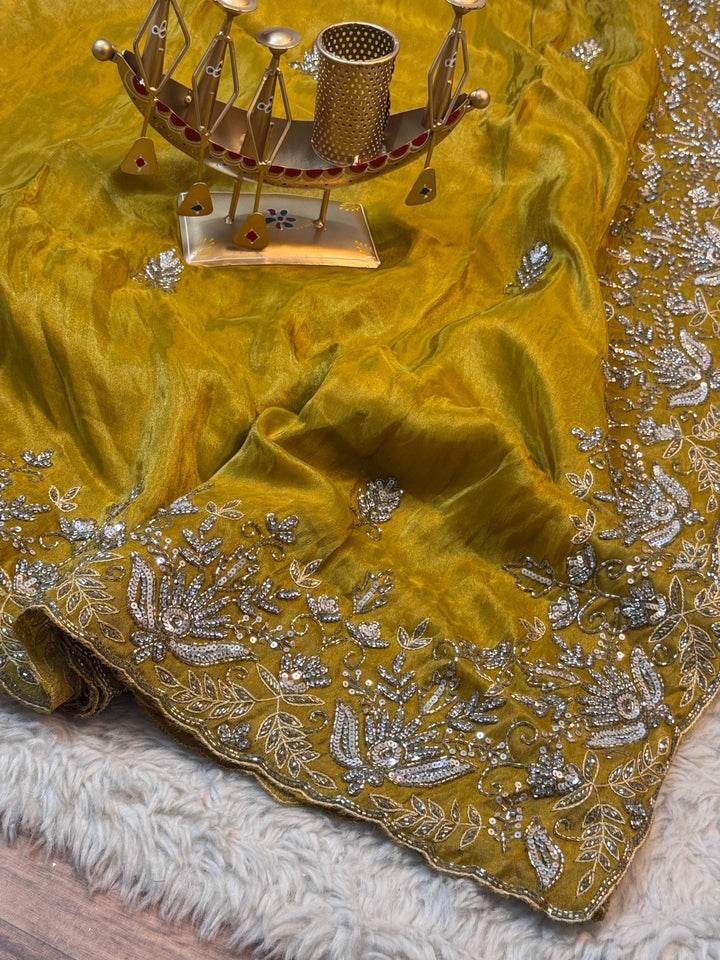Premium Mustard Silk Saree with Heavy Silver Embroidery Border