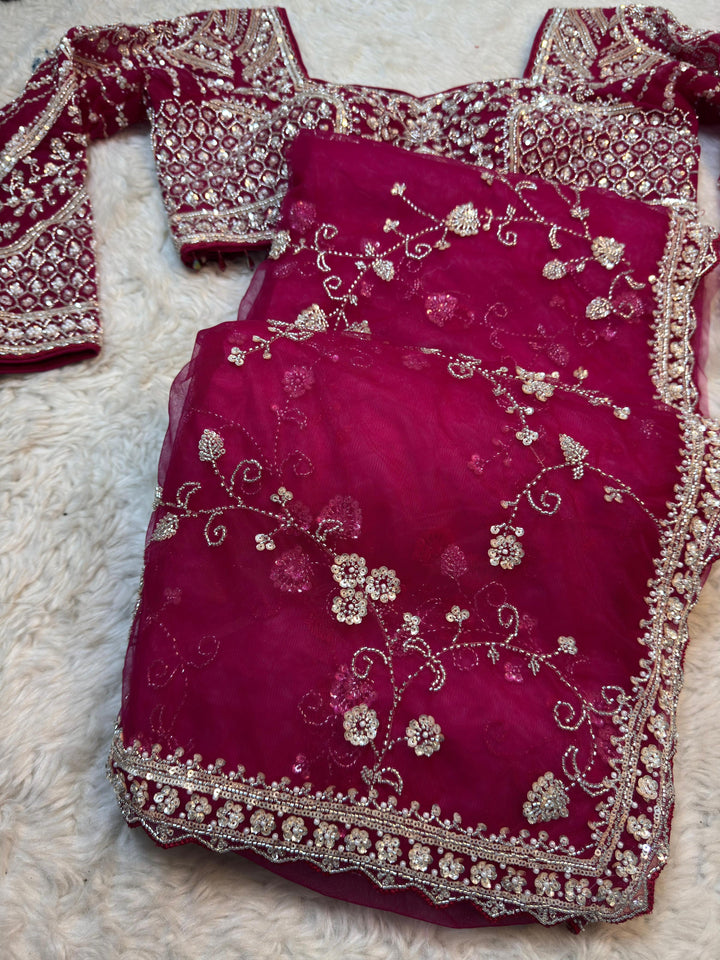 Premium Soft Net Saree with Fully Stitched Designer Blouse & Cutdana Embroidery