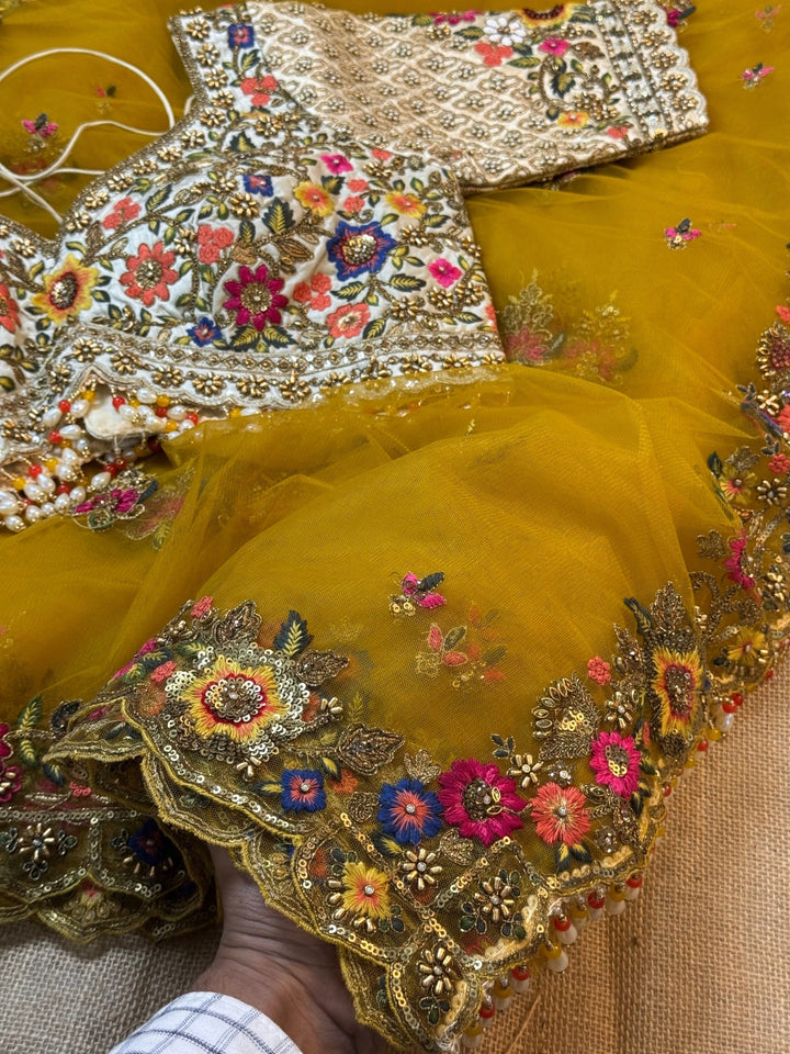 Designer Net Saree with Heavy Floral Embroidered Stitched Blouse – Festive & Wedding Collection