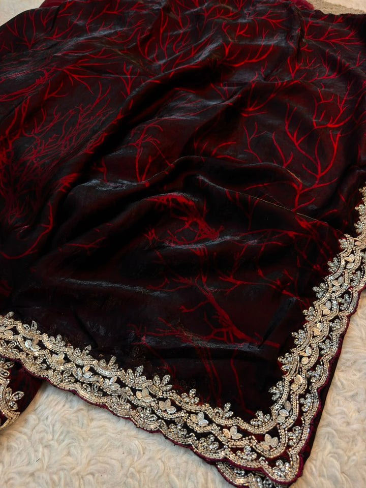 Premium Chinon Print Saree with Hand Embellished Border