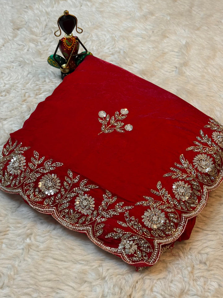 Fendy Silk Saree with Heavy Sequin Floral Border & Cutdana Handwork