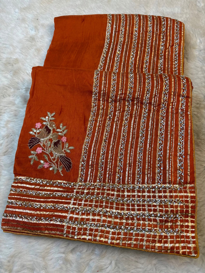 Premium HO Silk Saree with Kundan Stripe Work & Bird Motif Pallu