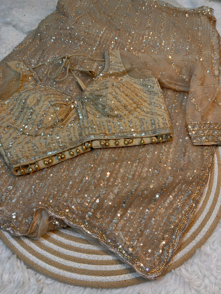 Luxury Sequins Embroidered Net Saree with Ready Blouse