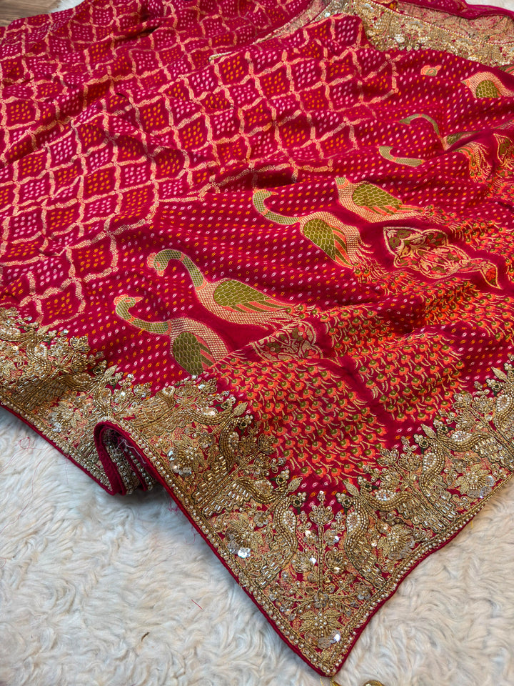 Bridal Khaddi Georgette Saree with Hand-Embroidered Border