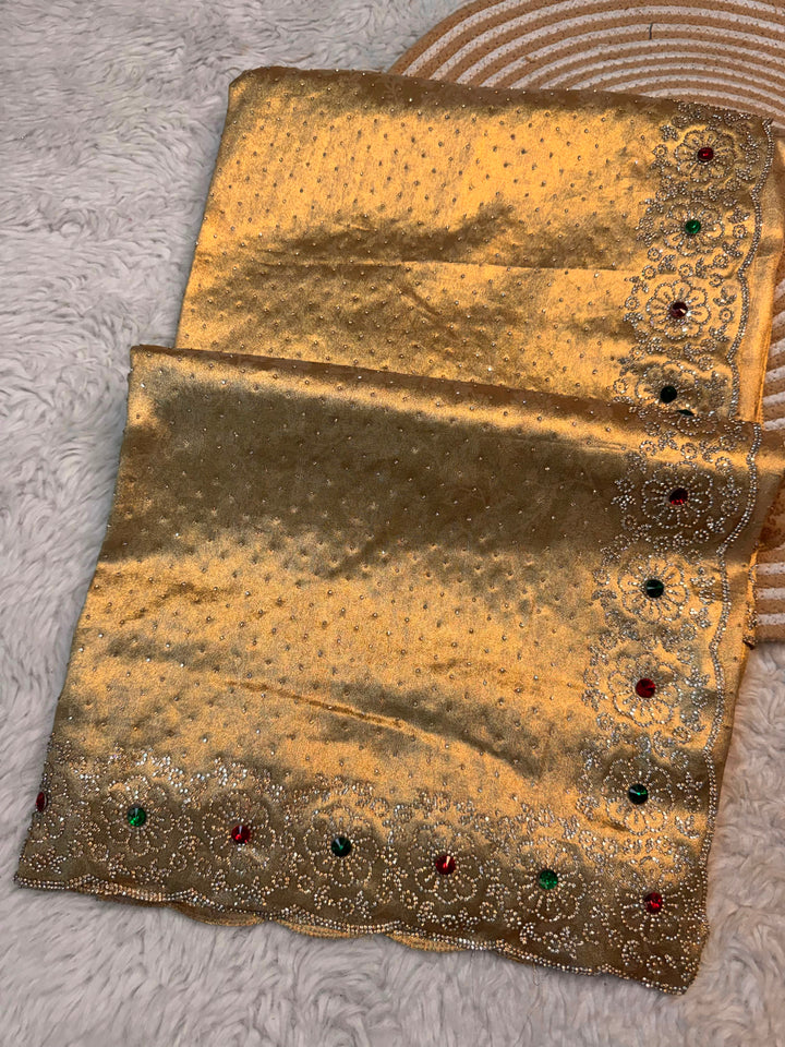 Antique Gold Floral Embellished Saree with Multicolour Stone Border