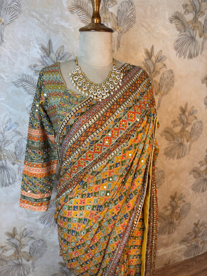 Yellow Special Crepe Chinnon Saree with Mirror Work & Stitched Blouse