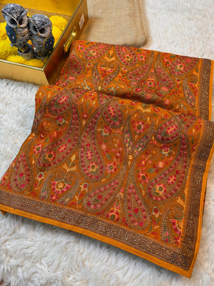 Premium Kashmiri Paisley Embroidered Saree with Heavy Border