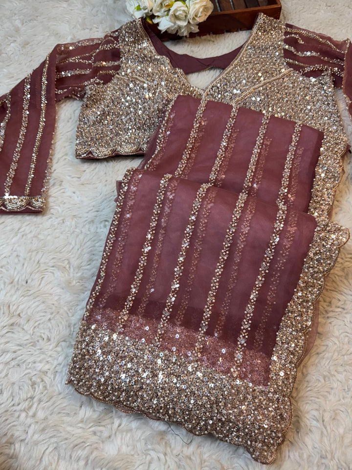 Luxury Sequin Net Saree with Heavy Stitched Blouse