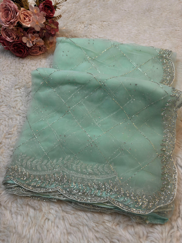 Premium Glass Tissue Saree with Geometric Silver Embroidery