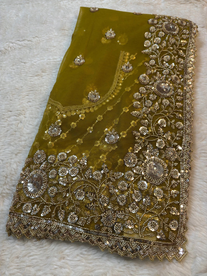 Heavy Embroidered Net Saree with Floral Sequin Border & Designer Blouse