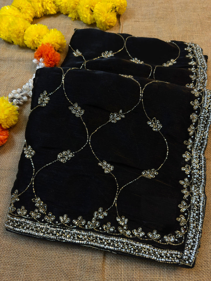 Classic Black Burberry Fabric Saree with Heavy Handwork Border & Designer Blouse