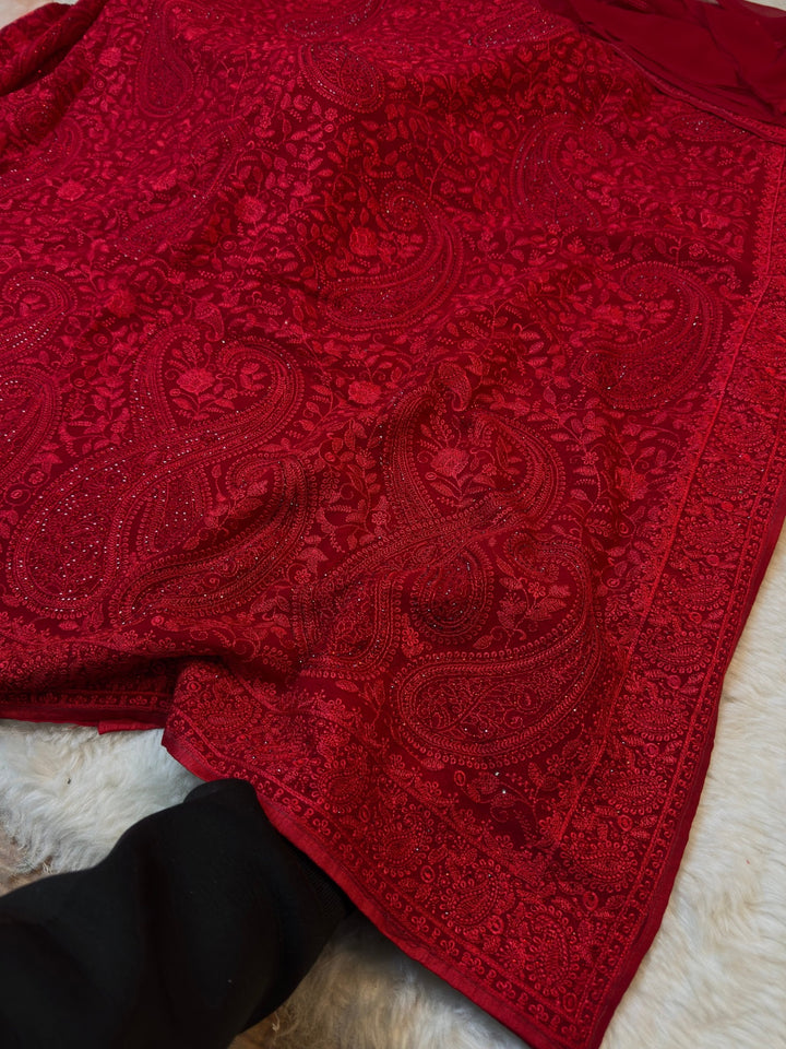 Traditional Kashmiri Thread Work Saree with Rich Border