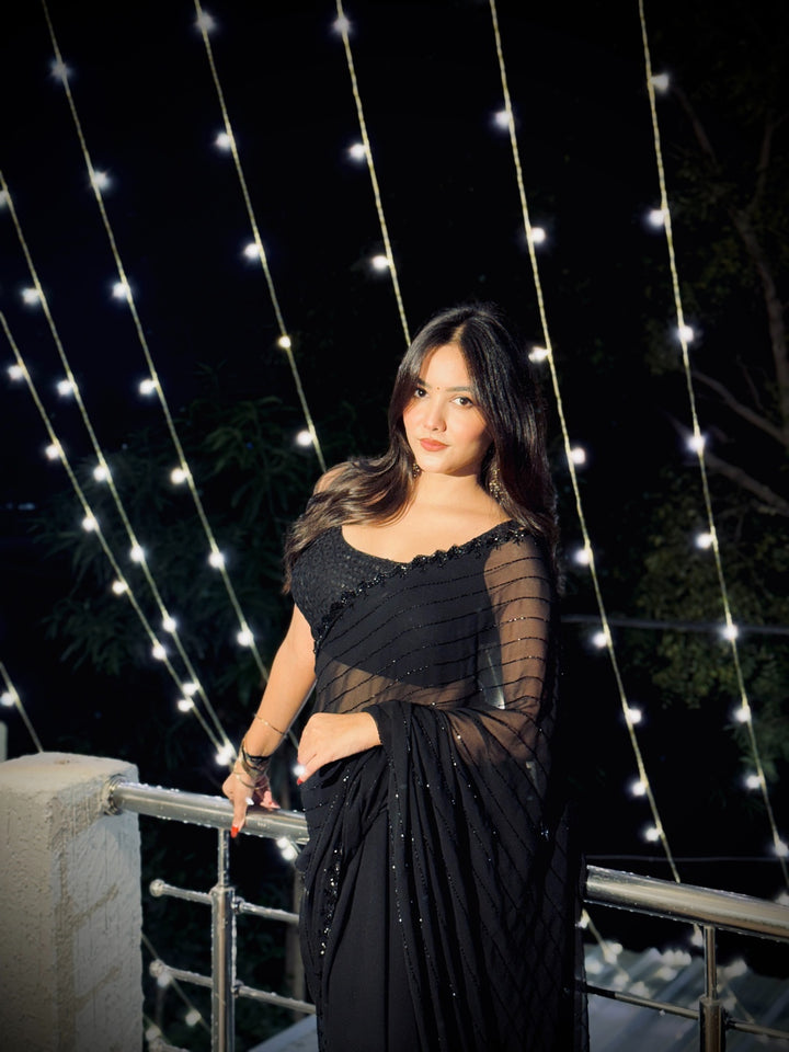 Midnight Black Georgette Saree with Horizontal Cutdana Lines
