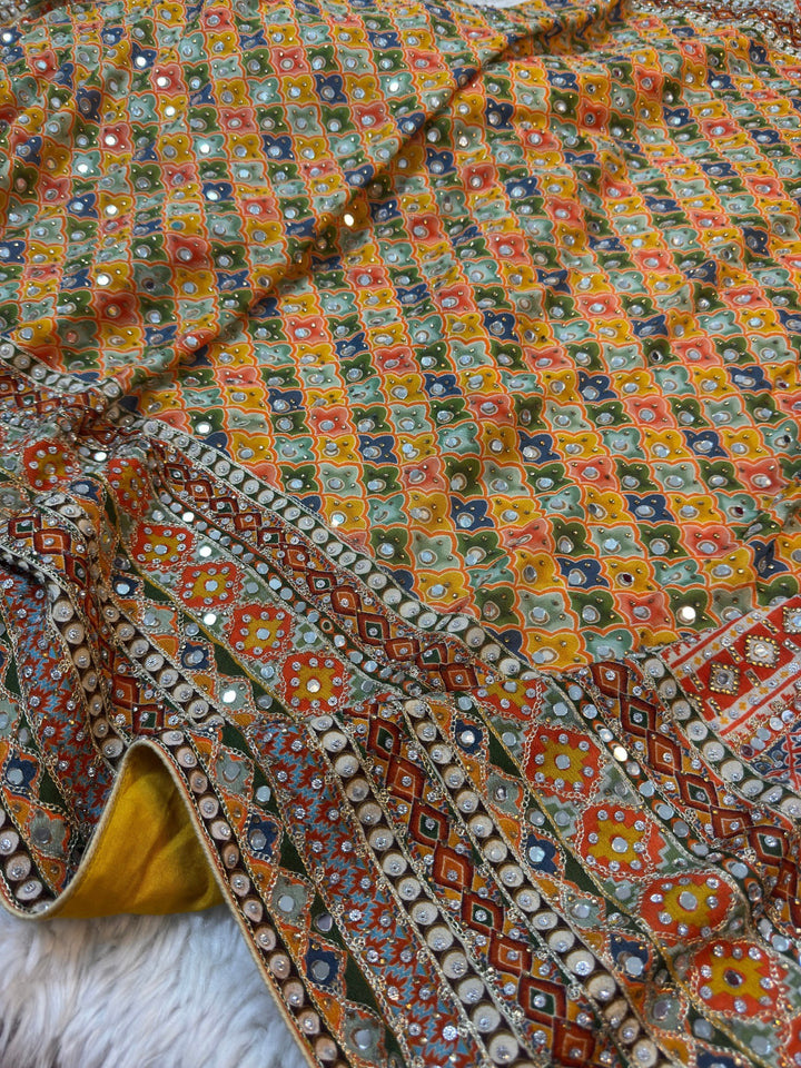 Yellow Special Crepe Chinnon Saree with Mirror Work & Stitched Blouse