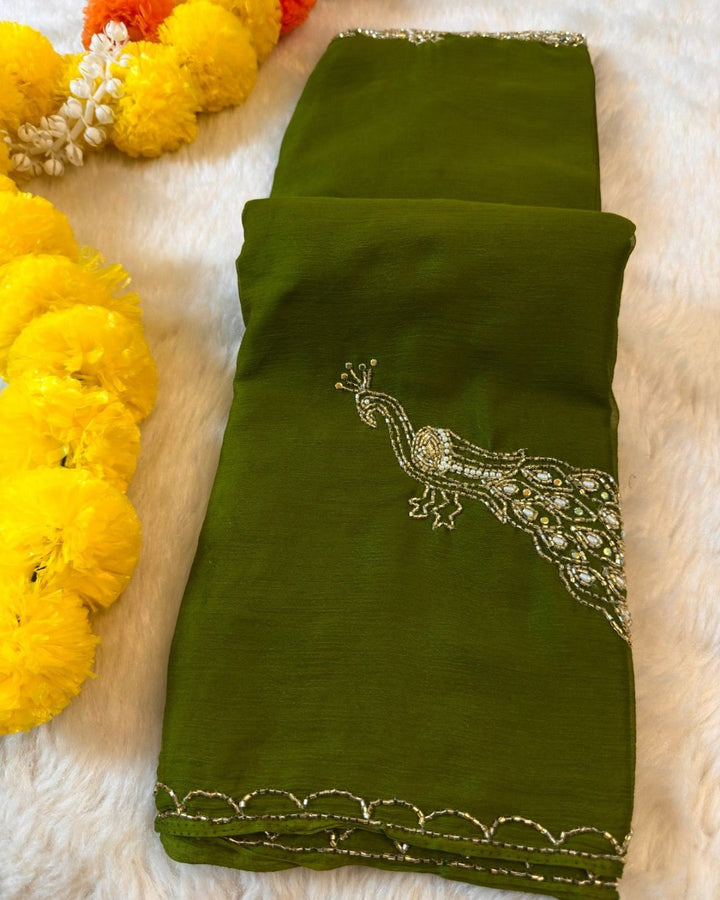 Peacock Handwork Chiffon Saree with cutdana & Pearl Embroidery