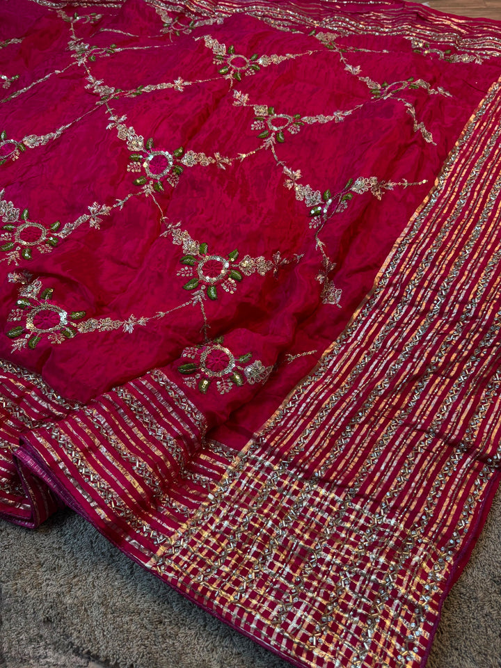 Premium HO Silk Saree with All Over Floral Jaal Embroidery & Handwork Border