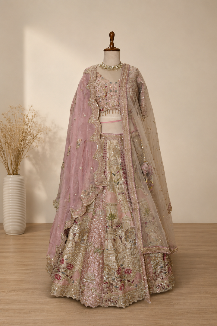 Blush Pink Heritage Bridal Lehenga with Intricate Zari Embroidery